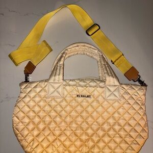 MZ Wallace Quilted Cream Crossbody Bag with Yellow Strap